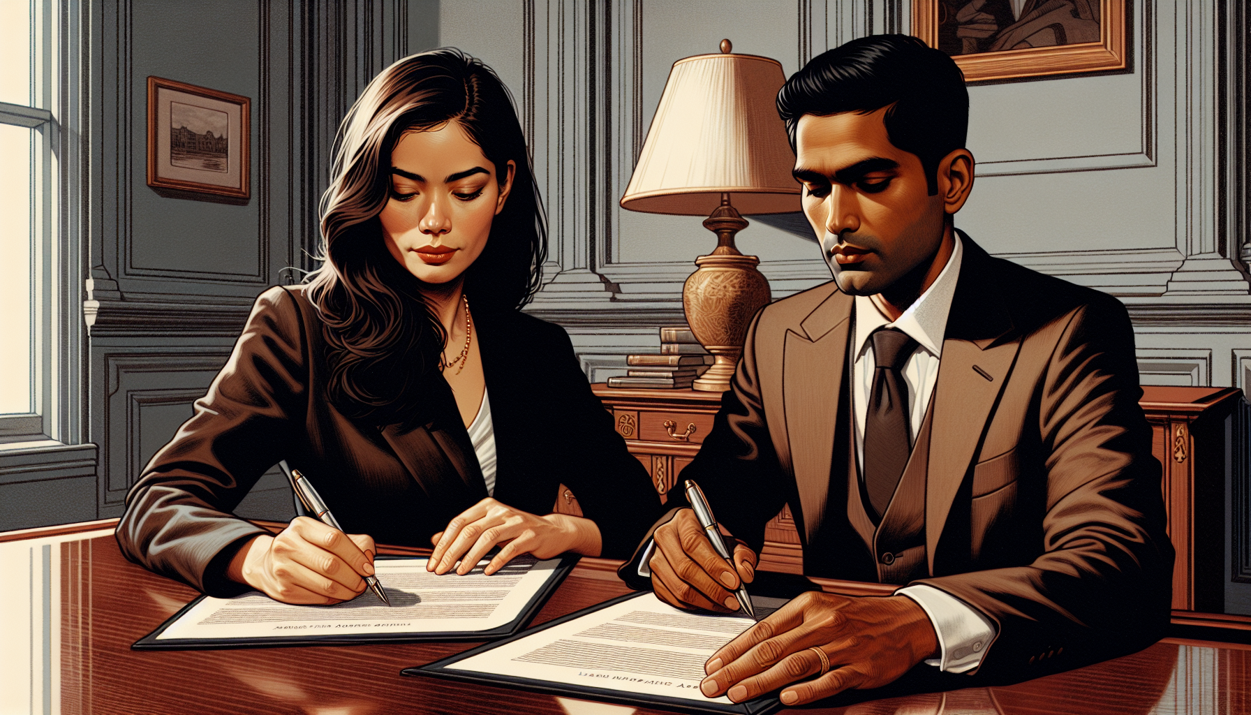 Illustration of a couple signing a prenuptial agreement