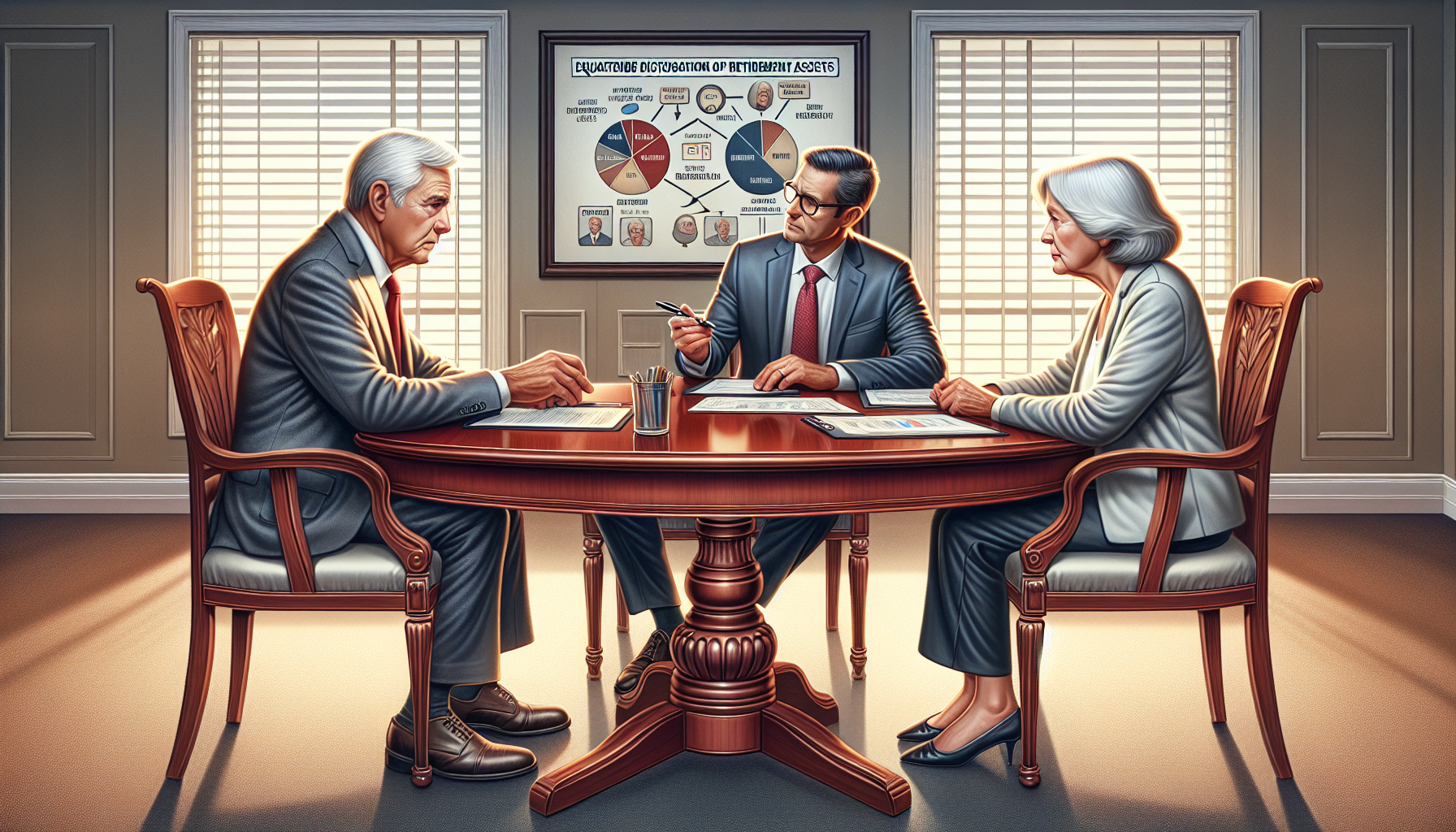 Illustration of a couple discussing the distribution of retirement assets with a mediator