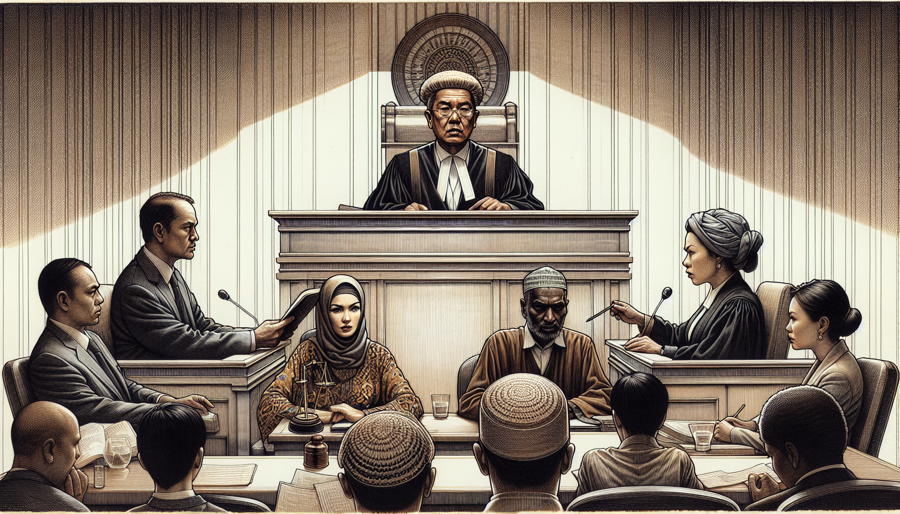 Illustration of a courtroom with judge and lawyers