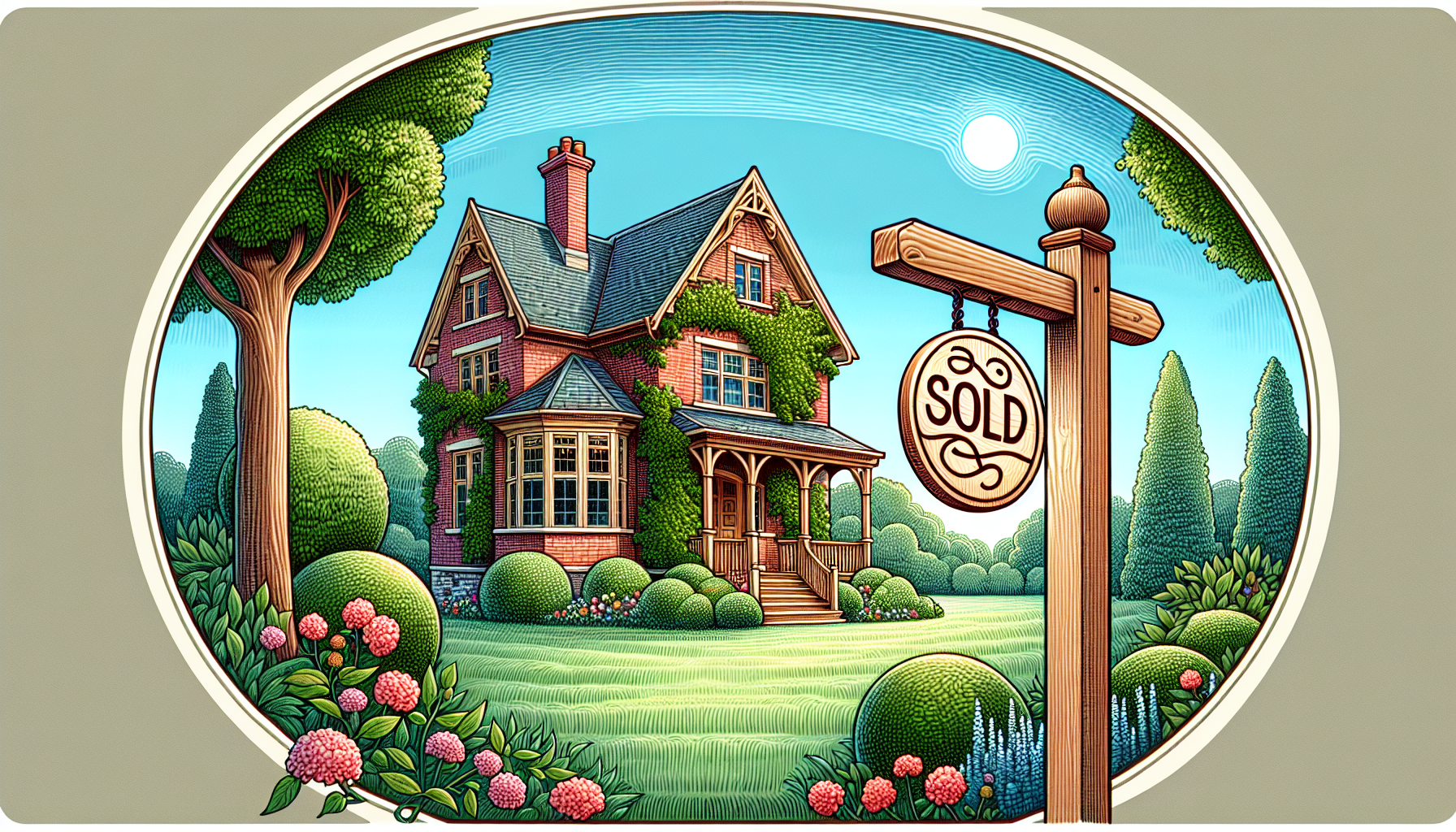 Illustration of a house with a 'sold' sign in front of it