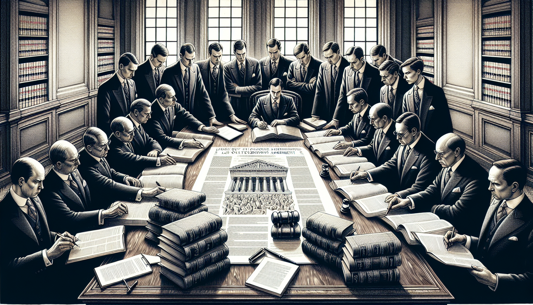 Illustration of legal professionals reviewing a buyout agreement
